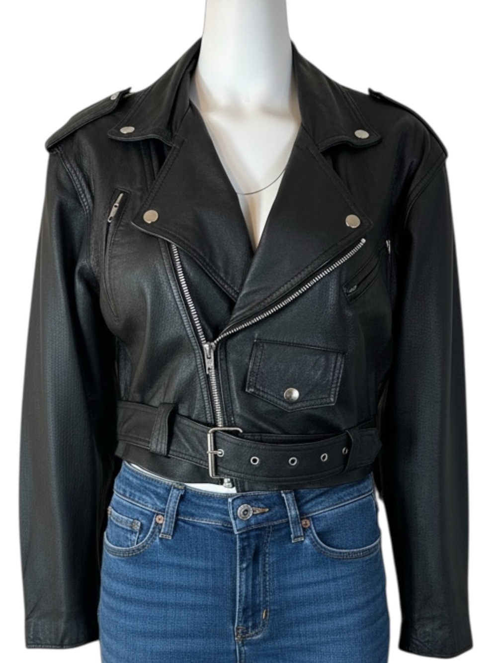 Wilsons Leather Cropped Moto Jacket S Black Belted Biker Vintage 90s